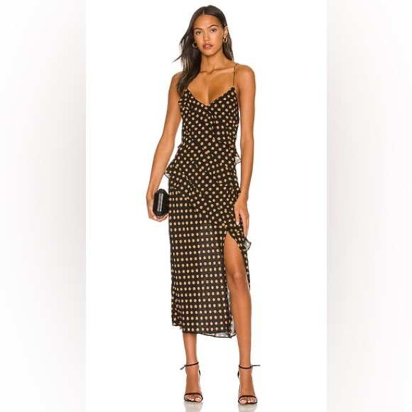 MINKPINK Dresses & Skirts - MINKPINK Ayat Cami Frill Slip Polka Dot Midi Dress in Mocha and Black Size Small